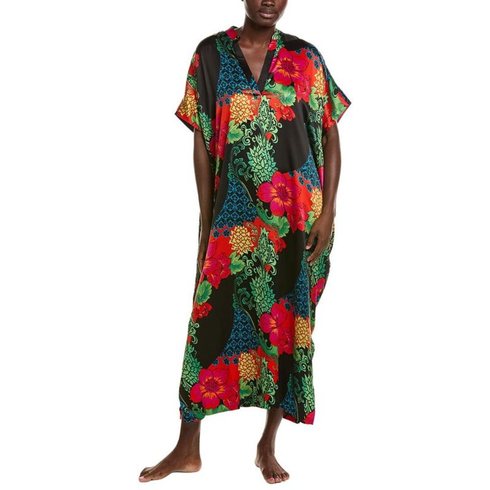 N Natori Womens Harvest Printed Satin Slim Caftan, Black